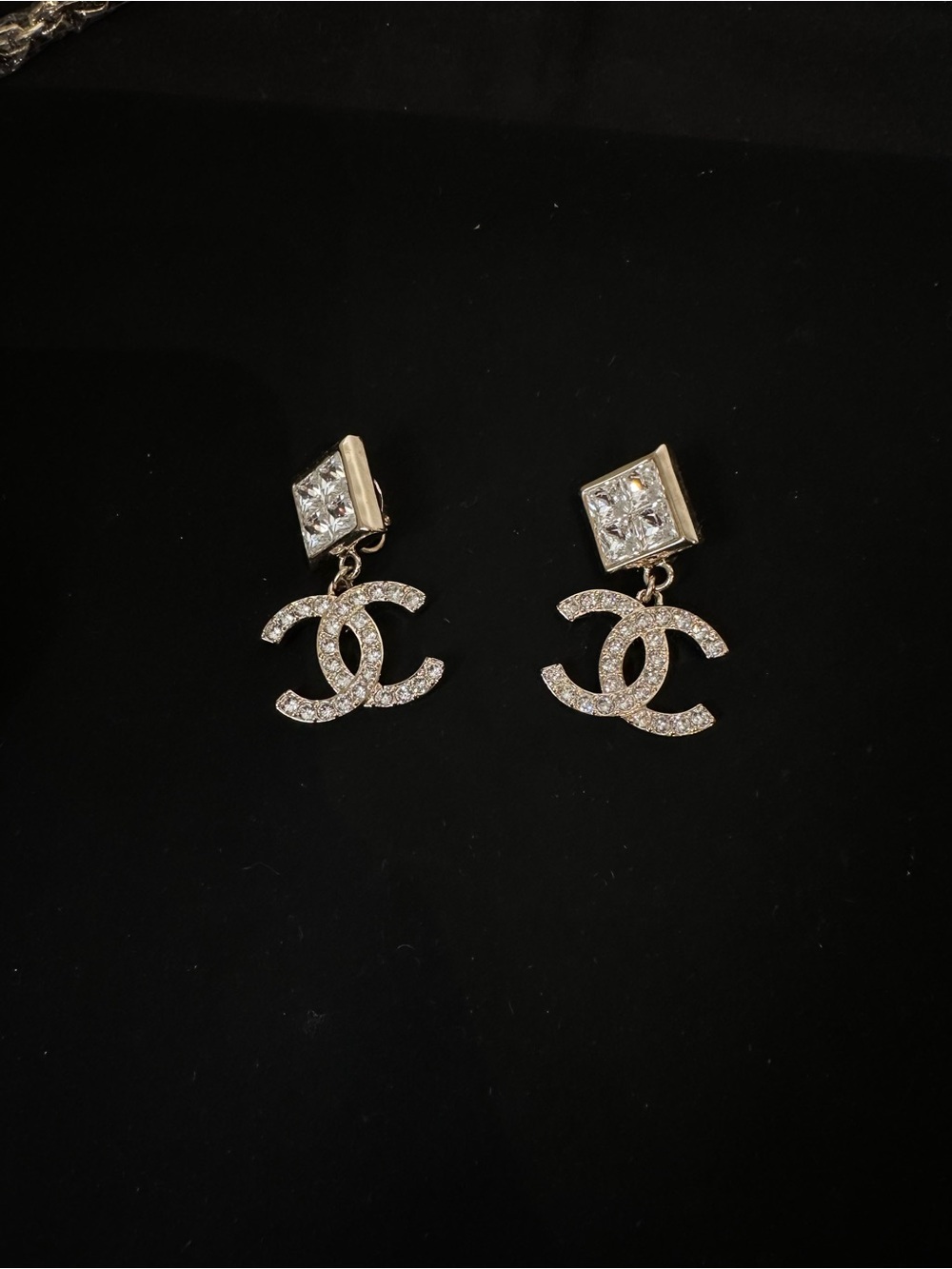 CHANEL Gold-Tone Crystal CC Drop Earrings with Clear Stones